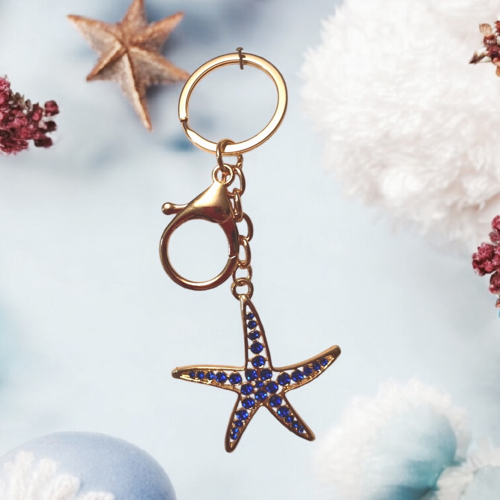 NWT Goldtone Starfish Blue Glass Accents Keyring Purse Charm
